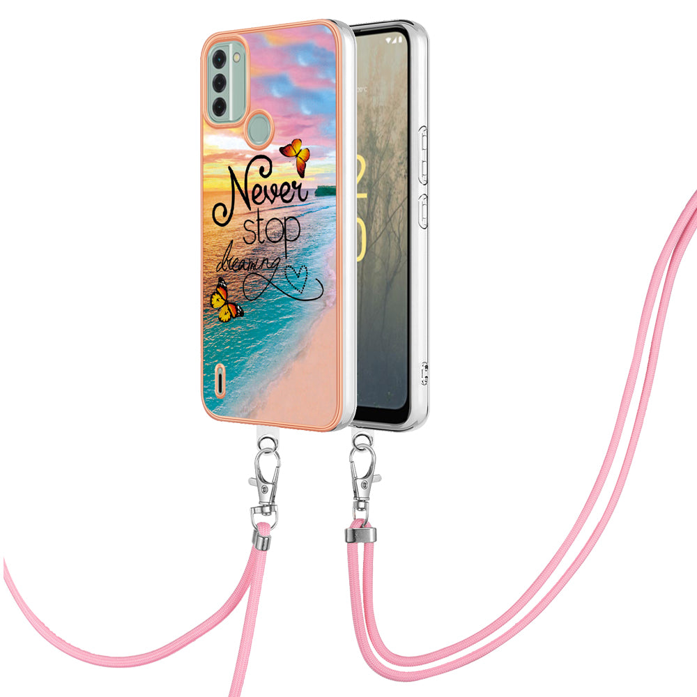 YB IMD Series-4 for Nokia C31 4G Electroplated Marble Flower Pattern Case IMD TPU Phone Cover with Lanyard - Never Stop Dreaming