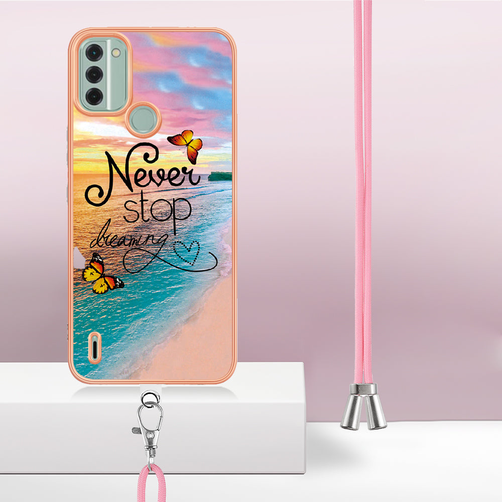 YB IMD Series-4 for Nokia C31 4G Electroplated Marble Flower Pattern Case IMD TPU Phone Cover with Lanyard - Never Stop Dreaming