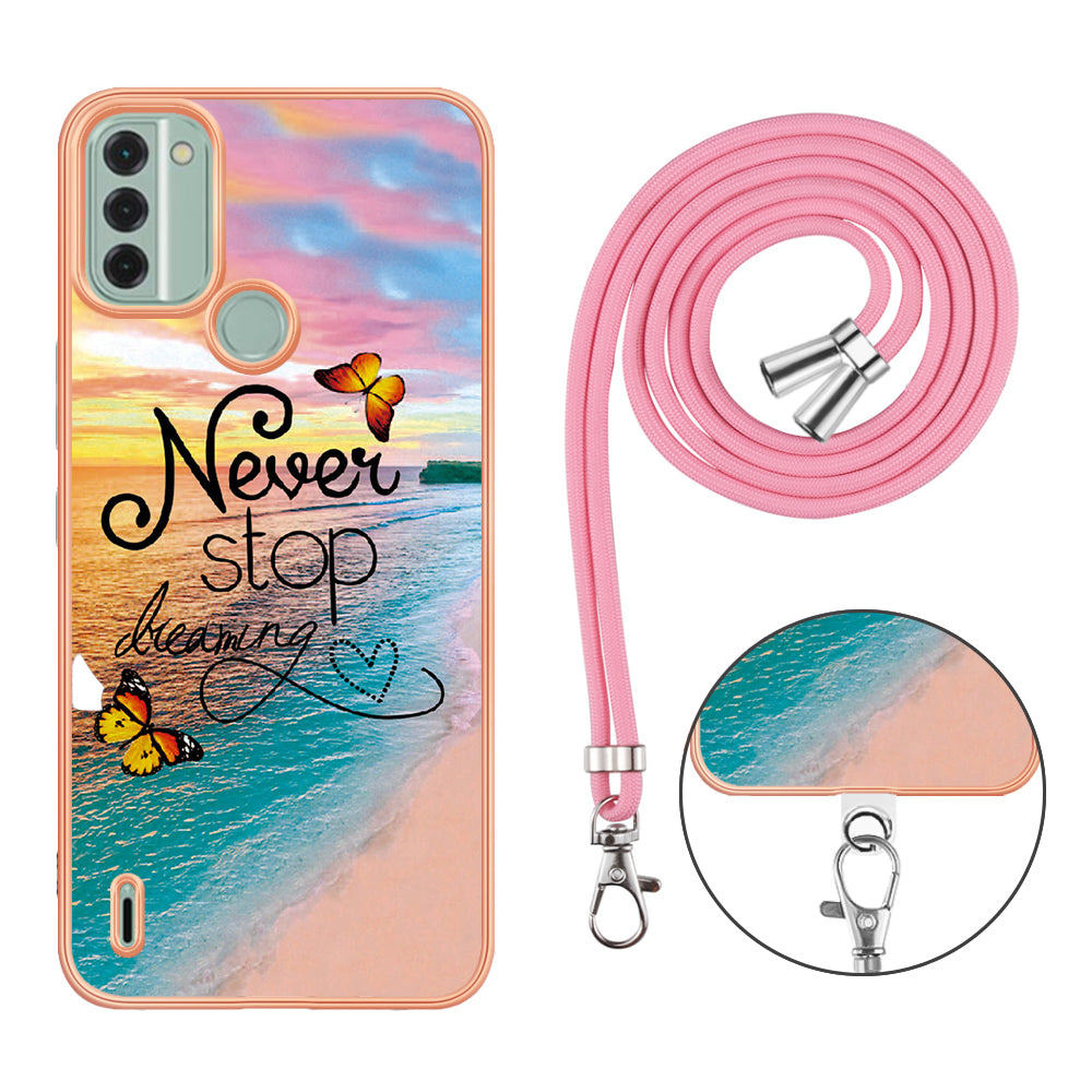 YB IMD Series-4 for Nokia C31 4G Electroplated Marble Flower Pattern Case IMD TPU Phone Cover with Lanyard - Never Stop Dreaming