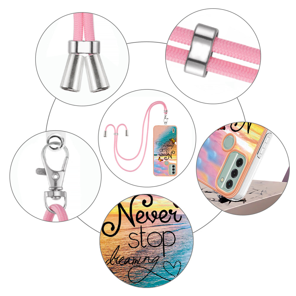 YB IMD Series-4 for Nokia C31 4G Electroplated Marble Flower Pattern Case IMD TPU Phone Cover with Lanyard - Never Stop Dreaming