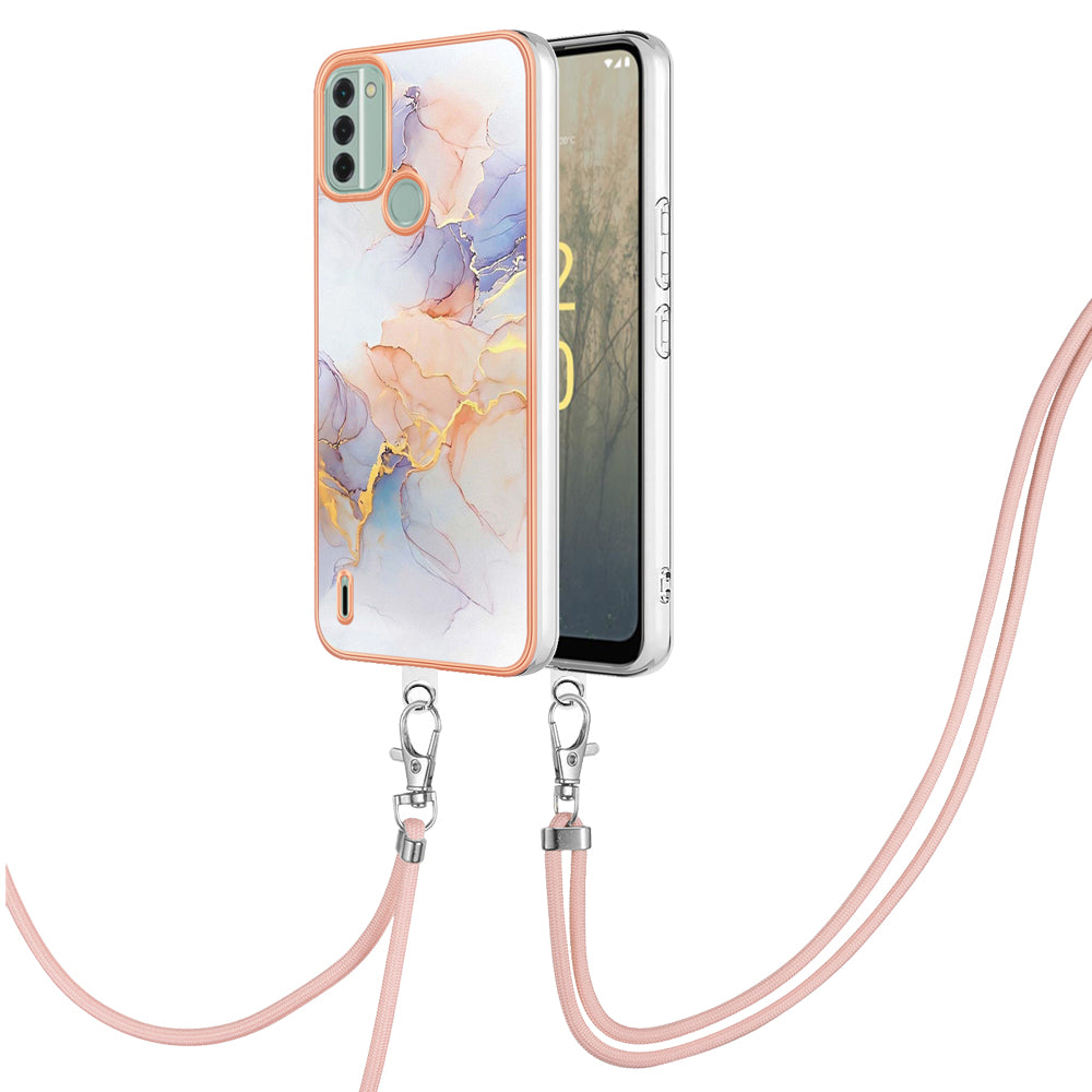 YB IMD Series-4 for Nokia C31 4G Electroplated Marble Flower Pattern Case IMD TPU Phone Cover with Lanyard - Milky Way Marble White