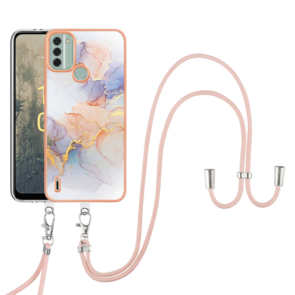 YB IMD Series-4 for Nokia C31 4G Electroplated Marble Flower Pattern Case IMD TPU Phone Cover with Lanyard - Milky Way Marble White