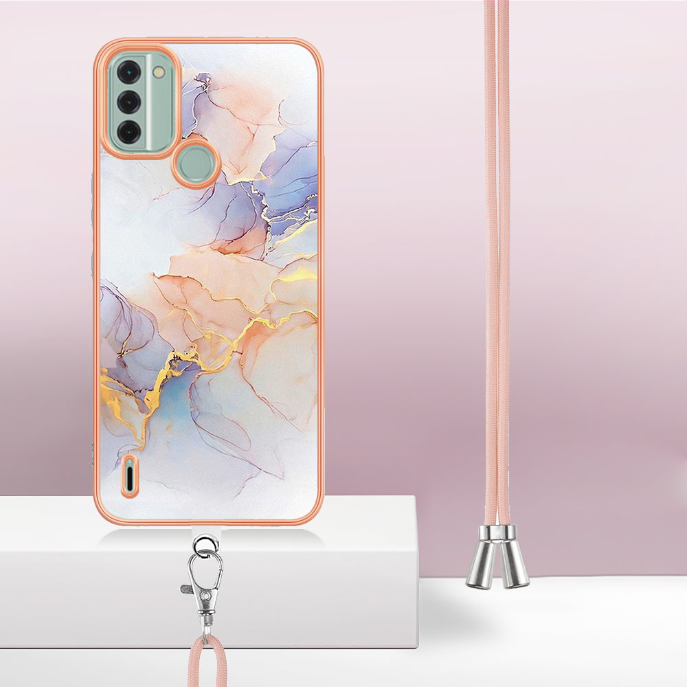 YB IMD Series-4 for Nokia C31 4G Electroplated Marble Flower Pattern Case IMD TPU Phone Cover with Lanyard - Milky Way Marble White