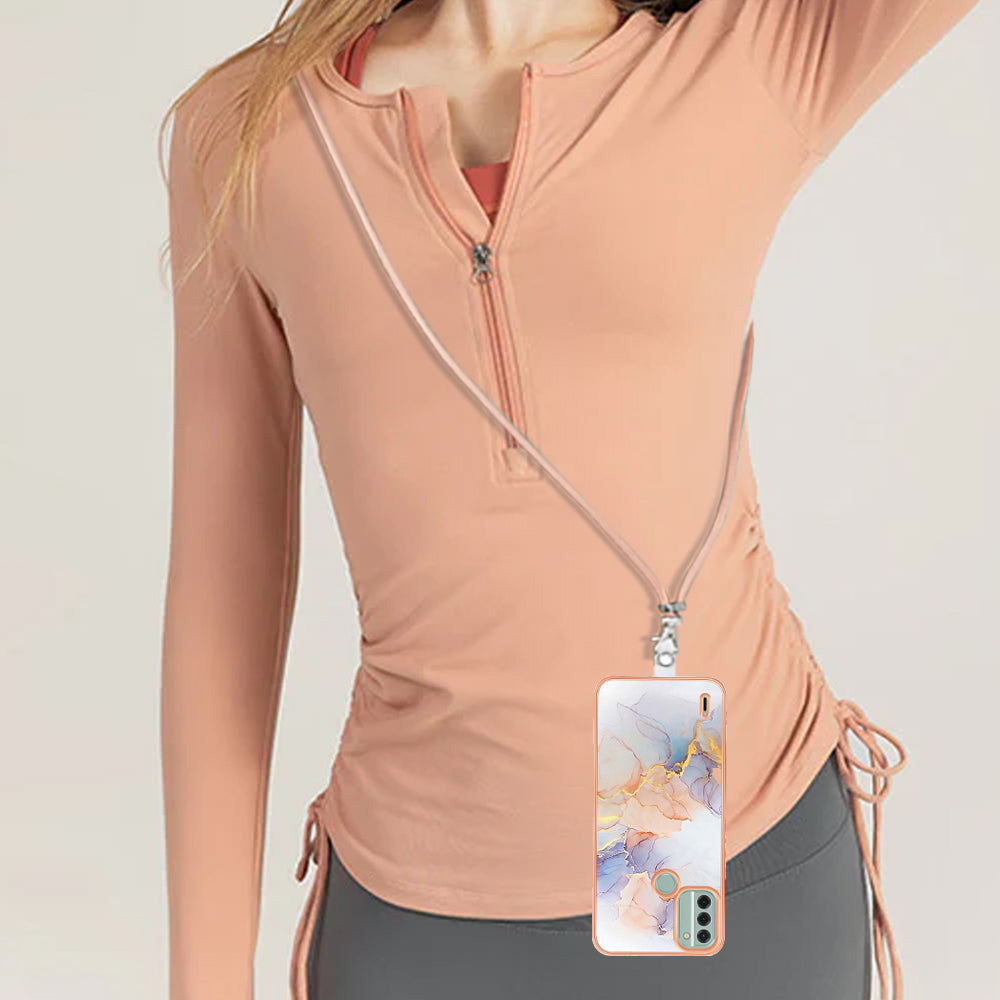 YB IMD Series-4 for Nokia C31 4G Electroplated Marble Flower Pattern Case IMD TPU Phone Cover with Lanyard - Milky Way Marble White