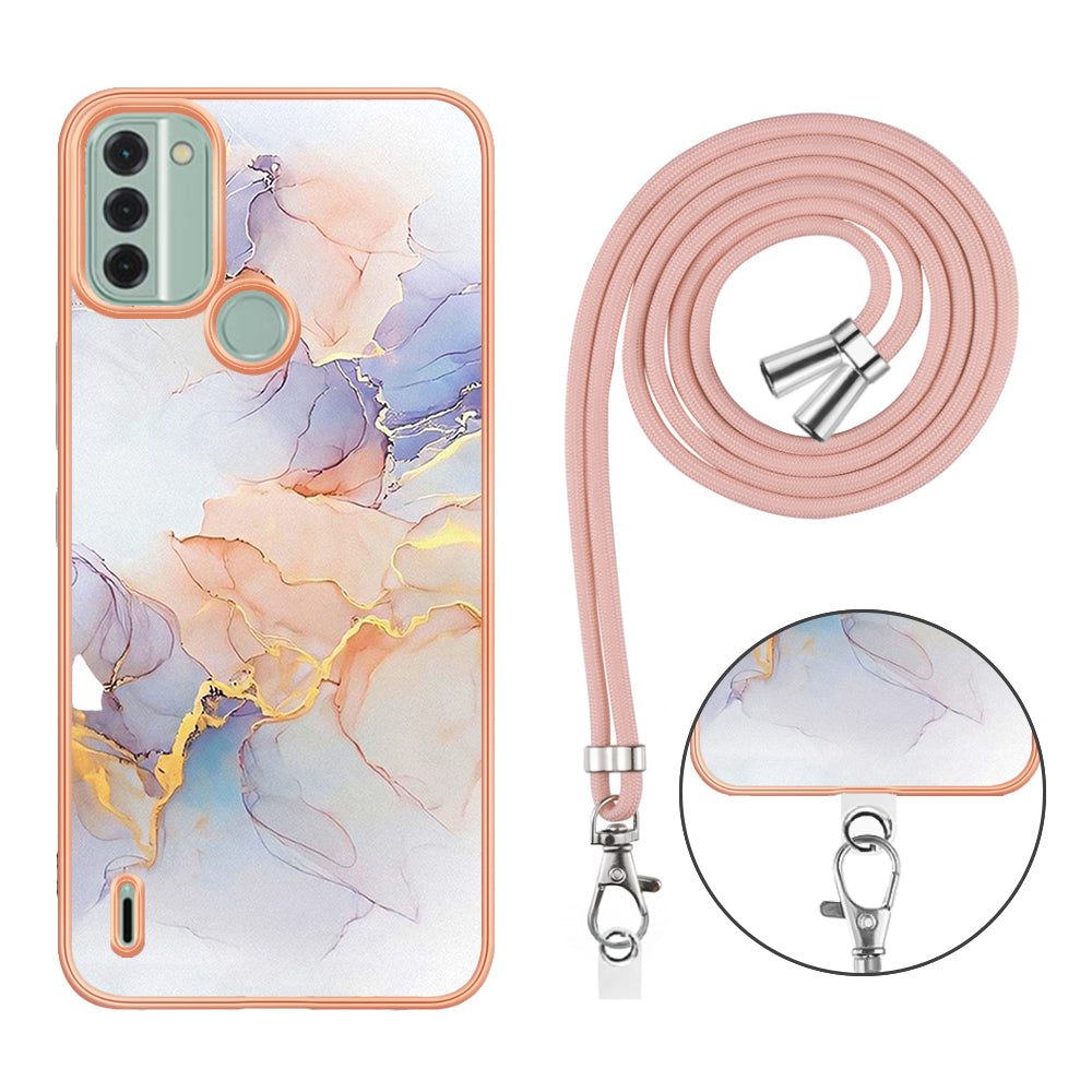 YB IMD Series-4 for Nokia C31 4G Electroplated Marble Flower Pattern Case IMD TPU Phone Cover with Lanyard - Milky Way Marble White