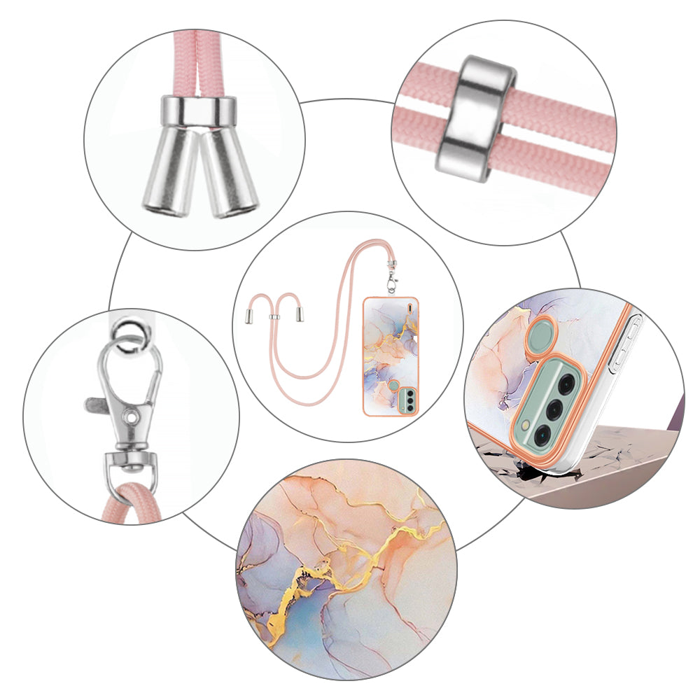 YB IMD Series-4 for Nokia C31 4G Electroplated Marble Flower Pattern Case IMD TPU Phone Cover with Lanyard - Milky Way Marble White