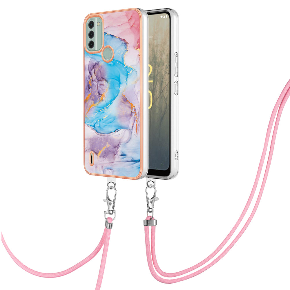 YB IMD Series-4 for Nokia C31 4G Electroplated Marble Flower Pattern Case IMD TPU Phone Cover with Lanyard - Milky Way Marble Blue