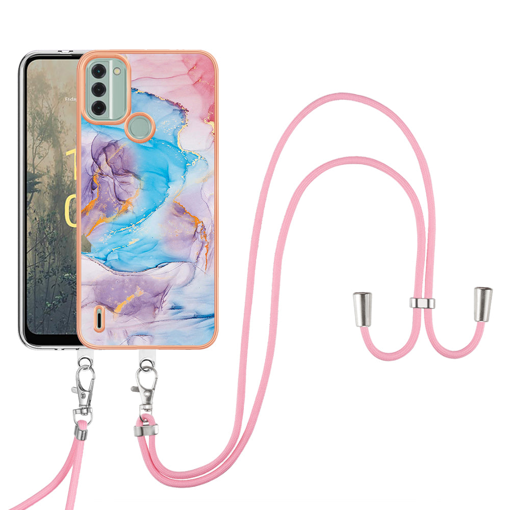 YB IMD Series-4 for Nokia C31 4G Electroplated Marble Flower Pattern Case IMD TPU Phone Cover with Lanyard - Milky Way Marble Blue