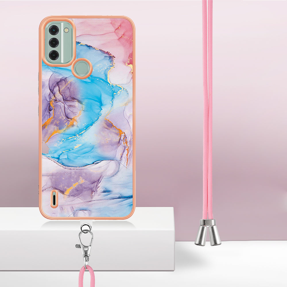 YB IMD Series-4 for Nokia C31 4G Electroplated Marble Flower Pattern Case IMD TPU Phone Cover with Lanyard - Milky Way Marble Blue