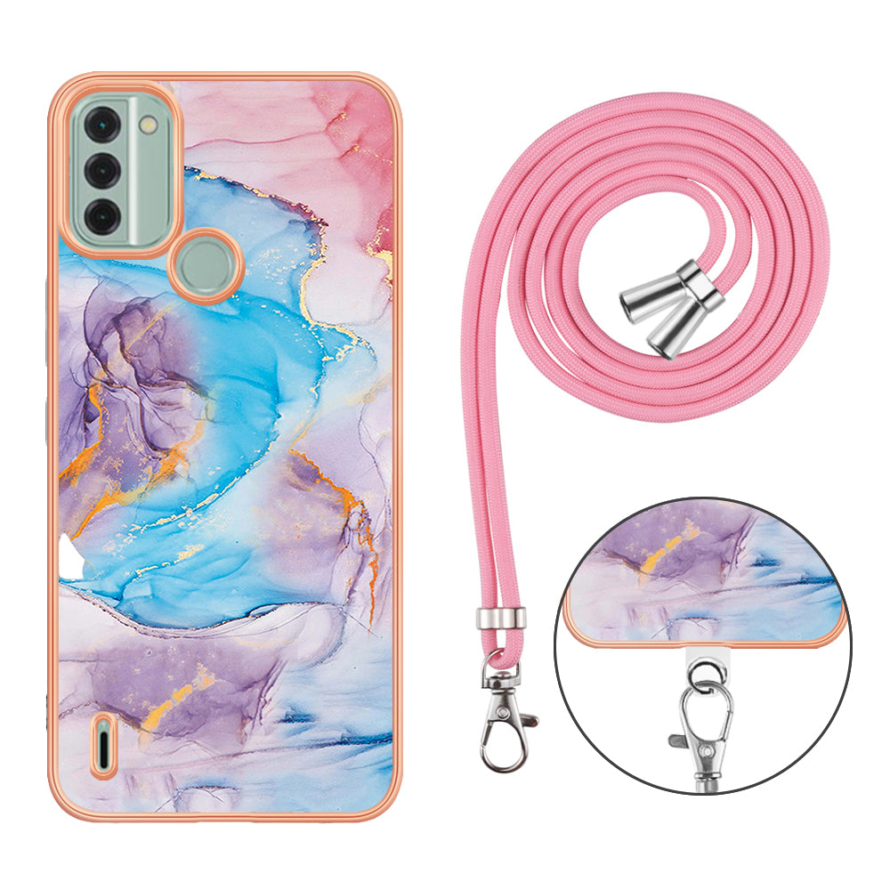 YB IMD Series-4 for Nokia C31 4G Electroplated Marble Flower Pattern Case IMD TPU Phone Cover with Lanyard - Milky Way Marble Blue