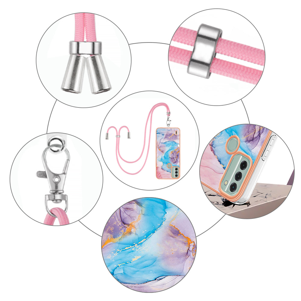 YB IMD Series-4 for Nokia C31 4G Electroplated Marble Flower Pattern Case IMD TPU Phone Cover with Lanyard - Milky Way Marble Blue