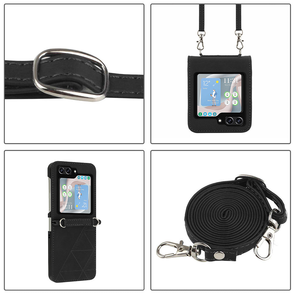 YB Imprinting Series-1 for Samsung Galaxy Z Flip5 5G Phone Leather Cover Imprinted Phone Case with Shoulder Strap - Black