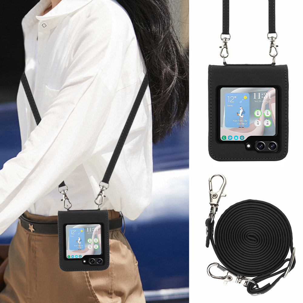 YB Imprinting Series-1 for Samsung Galaxy Z Flip5 5G Phone Leather Cover Imprinted Phone Case with Shoulder Strap - Black