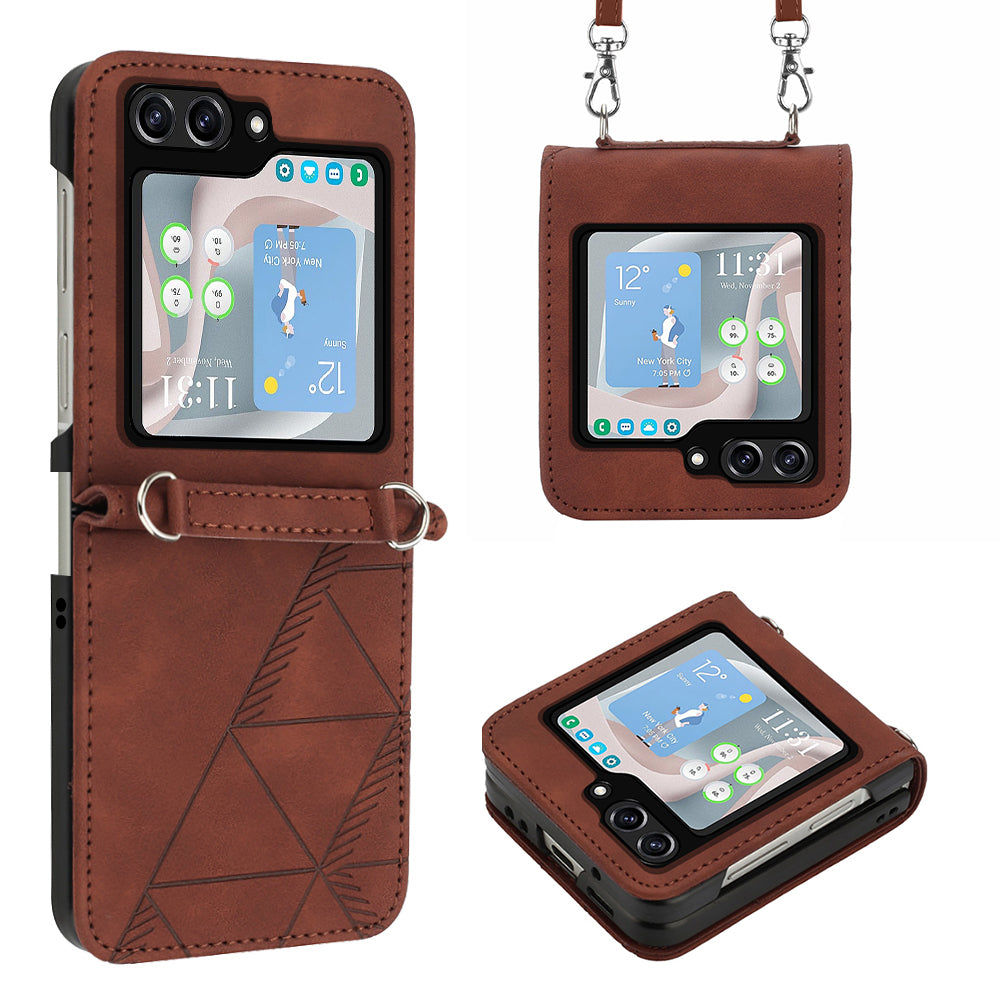 YB Imprinting Series-1 for Samsung Galaxy Z Flip5 5G Phone Leather Cover Imprinted Phone Case with Shoulder Strap - Brown