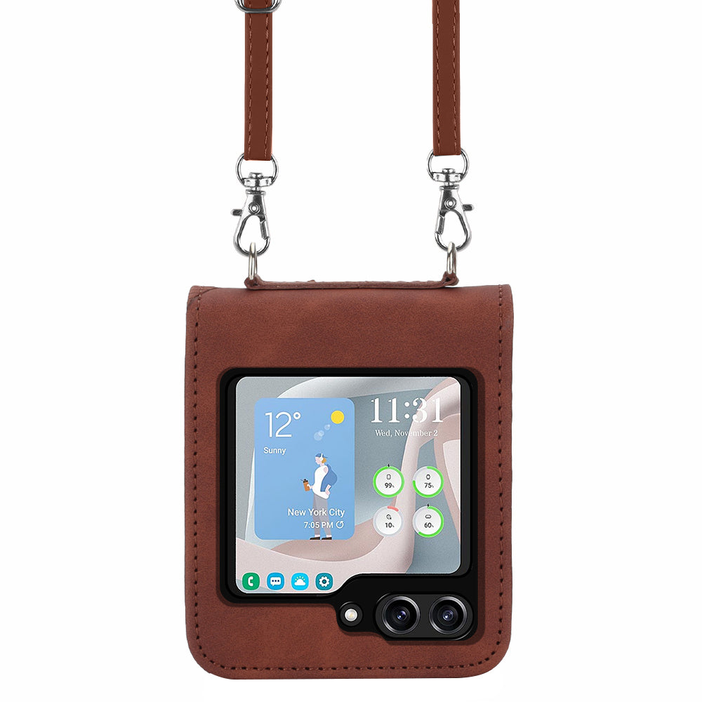 YB Imprinting Series-1 for Samsung Galaxy Z Flip5 5G Phone Leather Cover Imprinted Phone Case with Shoulder Strap - Brown