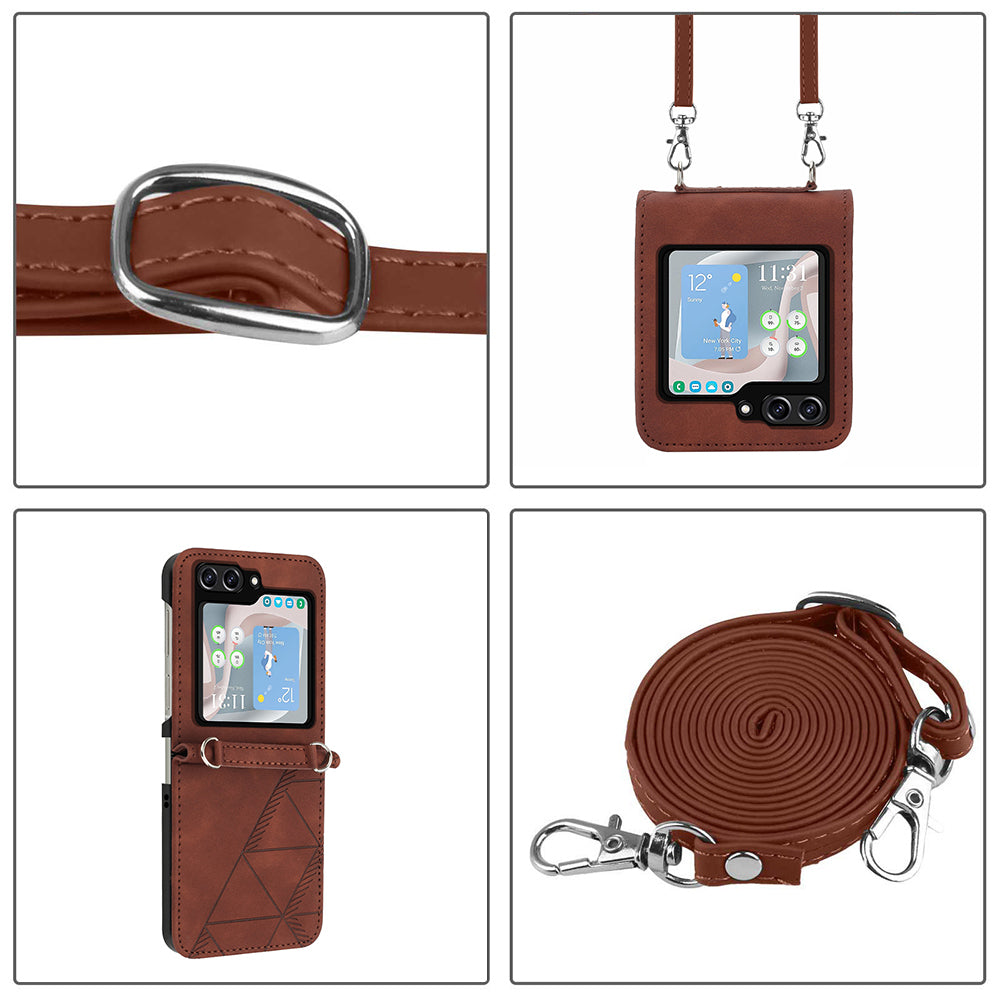 YB Imprinting Series-1 for Samsung Galaxy Z Flip5 5G Phone Leather Cover Imprinted Phone Case with Shoulder Strap - Brown