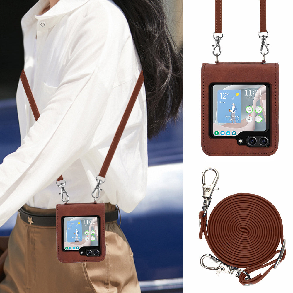 YB Imprinting Series-1 for Samsung Galaxy Z Flip5 5G Phone Leather Cover Imprinted Phone Case with Shoulder Strap - Brown