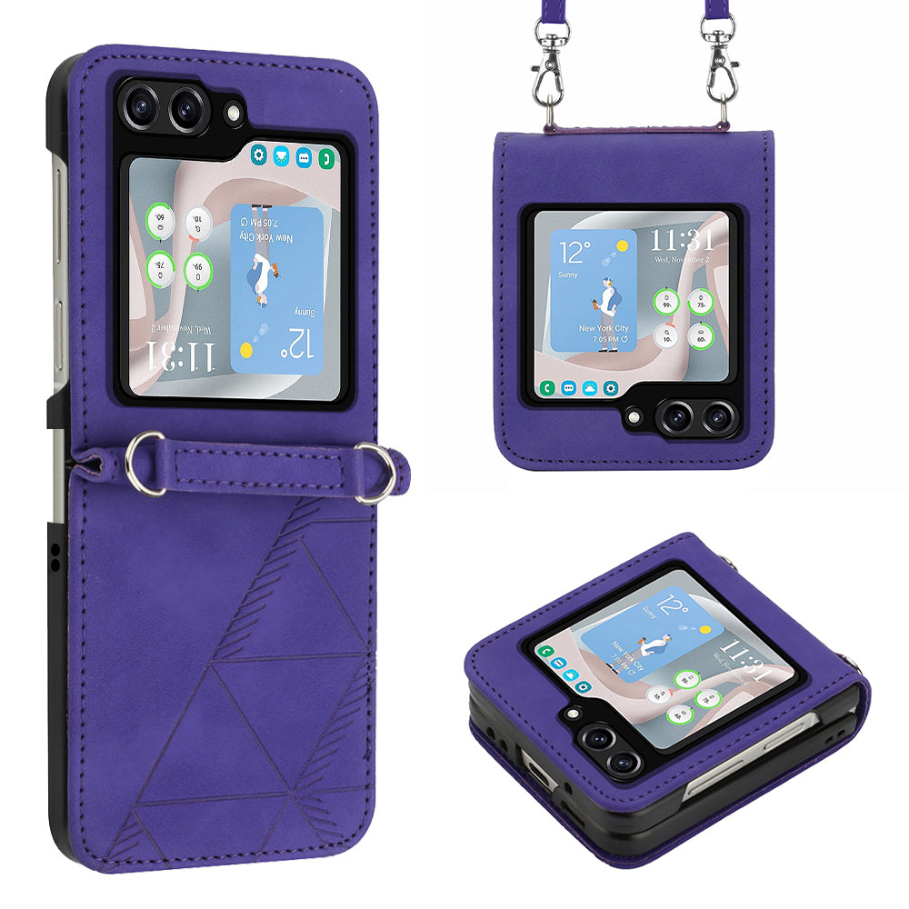 YB Imprinting Series-1 for Samsung Galaxy Z Flip5 5G Phone Leather Cover Imprinted Phone Case with Shoulder Strap - Purple