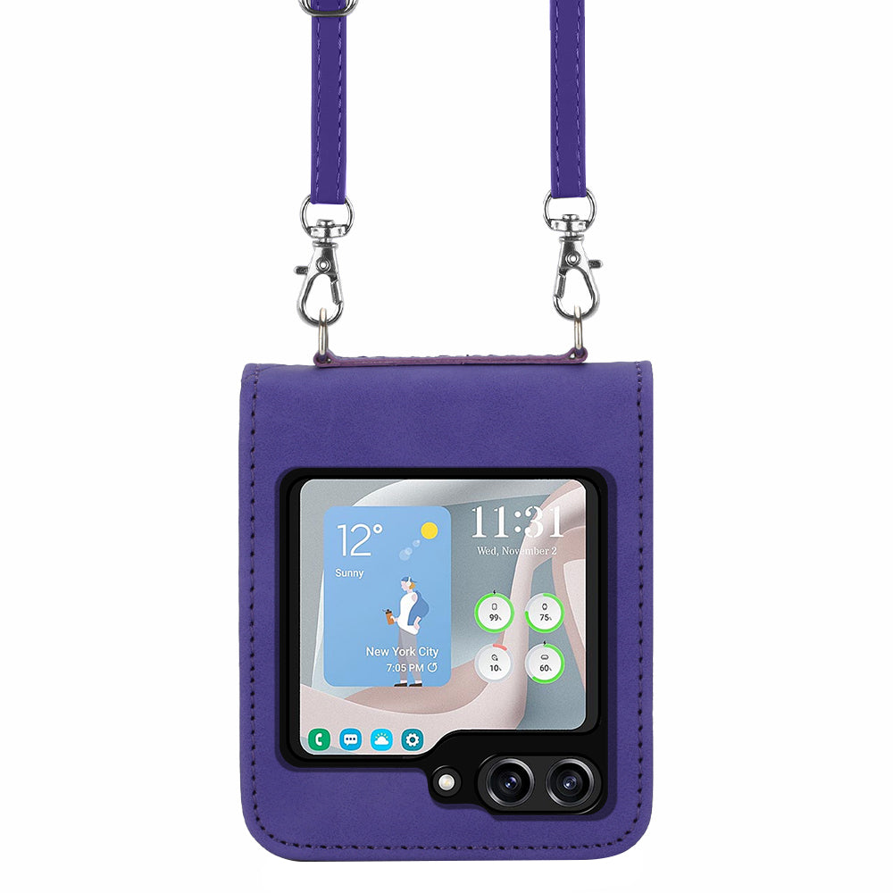 YB Imprinting Series-1 for Samsung Galaxy Z Flip5 5G Phone Leather Cover Imprinted Phone Case with Shoulder Strap - Purple