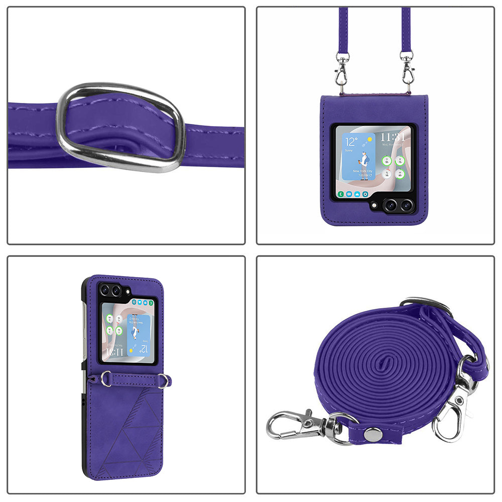 YB Imprinting Series-1 for Samsung Galaxy Z Flip5 5G Phone Leather Cover Imprinted Phone Case with Shoulder Strap - Purple