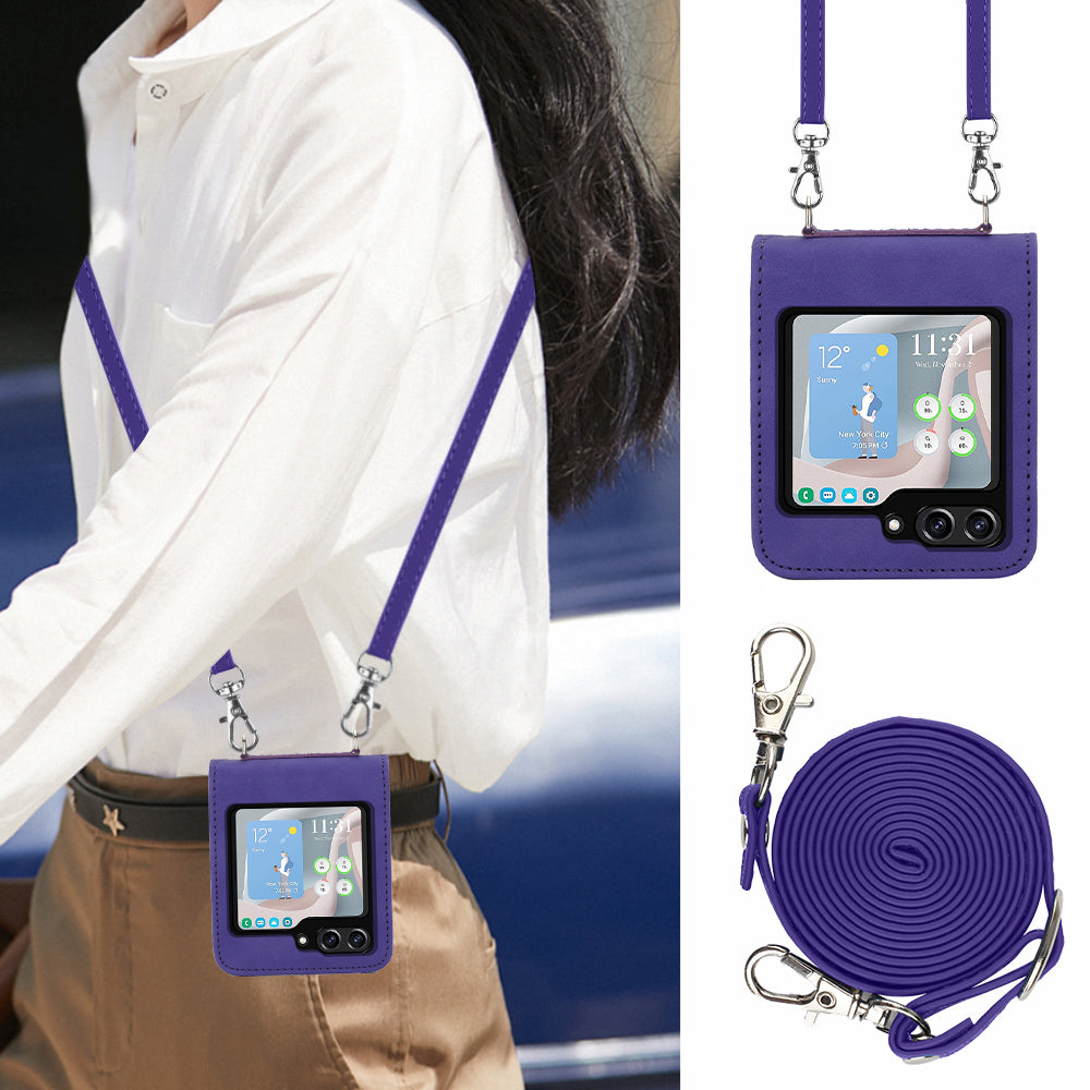 YB Imprinting Series-1 for Samsung Galaxy Z Flip5 5G Phone Leather Cover Imprinted Phone Case with Shoulder Strap - Purple