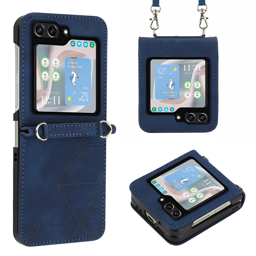 YB Imprinting Series-1 for Samsung Galaxy Z Flip5 5G Phone Leather Cover Imprinted Phone Case with Shoulder Strap - Sapphire