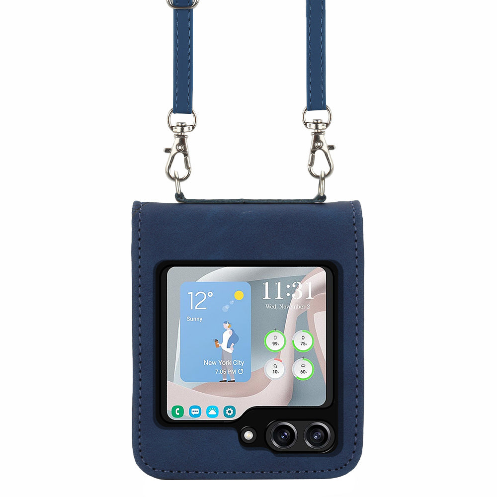 YB Imprinting Series-1 for Samsung Galaxy Z Flip5 5G Phone Leather Cover Imprinted Phone Case with Shoulder Strap - Sapphire