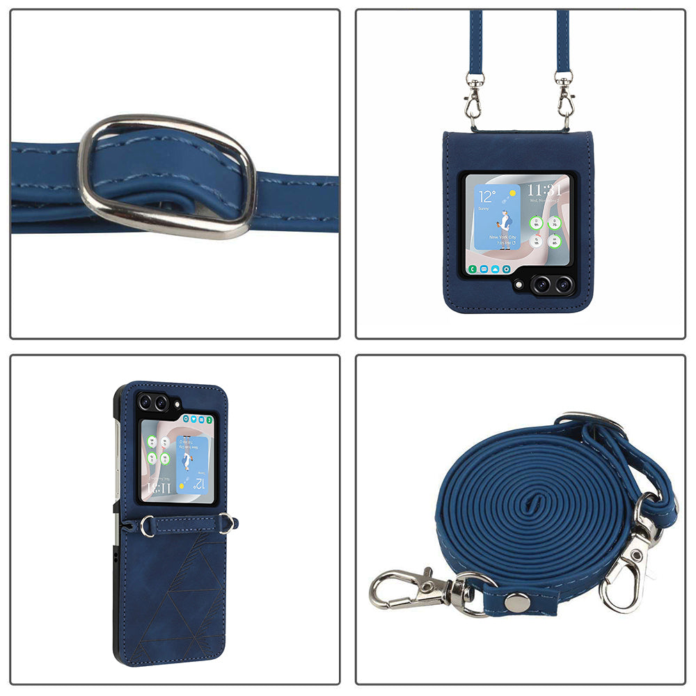 YB Imprinting Series-1 for Samsung Galaxy Z Flip5 5G Phone Leather Cover Imprinted Phone Case with Shoulder Strap - Sapphire