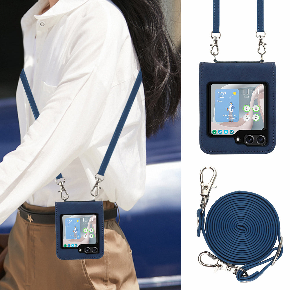 YB Imprinting Series-1 for Samsung Galaxy Z Flip5 5G Phone Leather Cover Imprinted Phone Case with Shoulder Strap - Sapphire