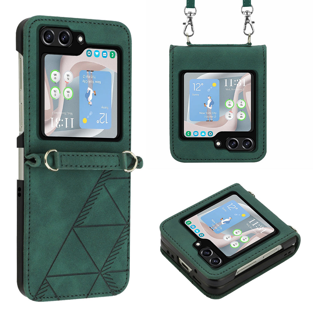 YB Imprinting Series-1 for Samsung Galaxy Z Flip5 5G Phone Leather Cover Imprinted Phone Case with Shoulder Strap - Blackish Green
