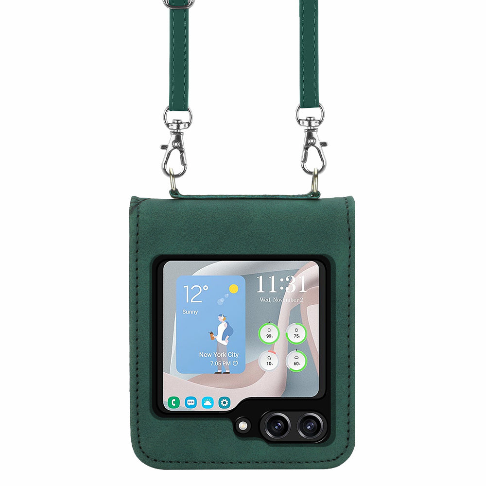 YB Imprinting Series-1 for Samsung Galaxy Z Flip5 5G Phone Leather Cover Imprinted Phone Case with Shoulder Strap - Blackish Green