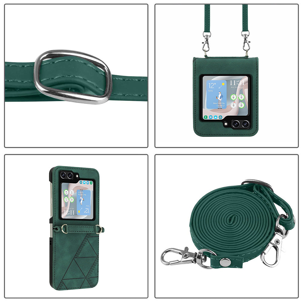 YB Imprinting Series-1 for Samsung Galaxy Z Flip5 5G Phone Leather Cover Imprinted Phone Case with Shoulder Strap - Blackish Green