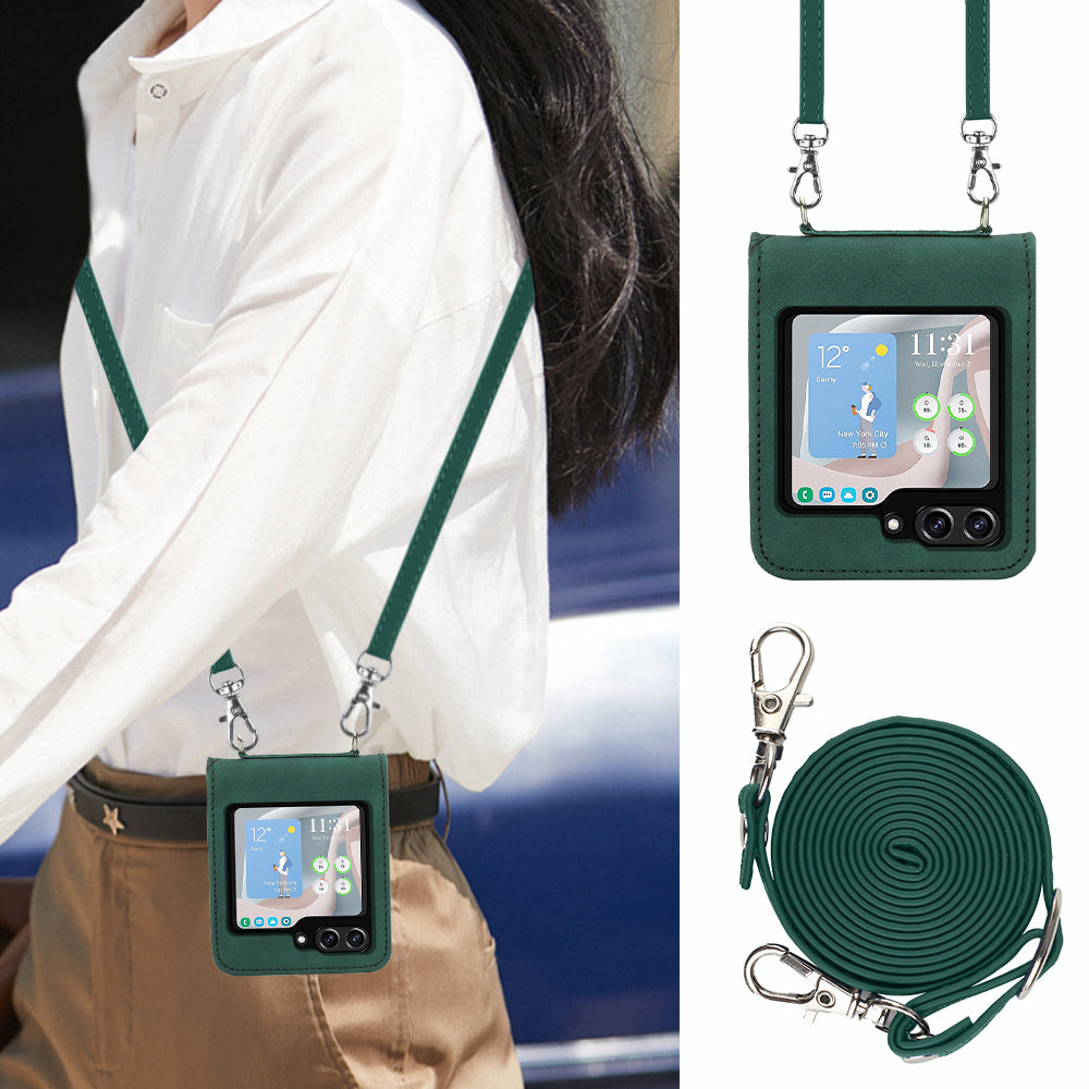 YB Imprinting Series-1 for Samsung Galaxy Z Flip5 5G Phone Leather Cover Imprinted Phone Case with Shoulder Strap - Blackish Green