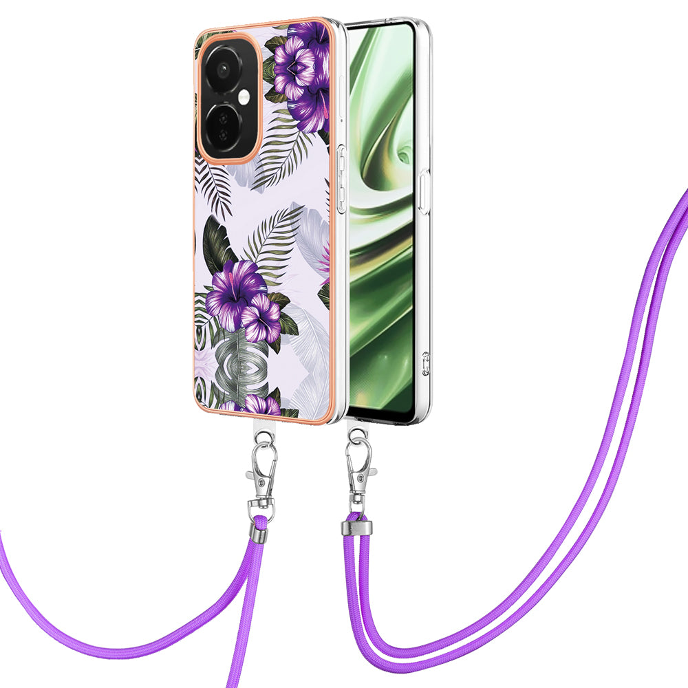 YB IMD Series-4 TPU Phone Case for OnePlus Nord CE 3 Lite 5G / Nord N30 5G , IMD Marble Flower Pattern Electroplated Cover with Lanyard - Purple Flowers