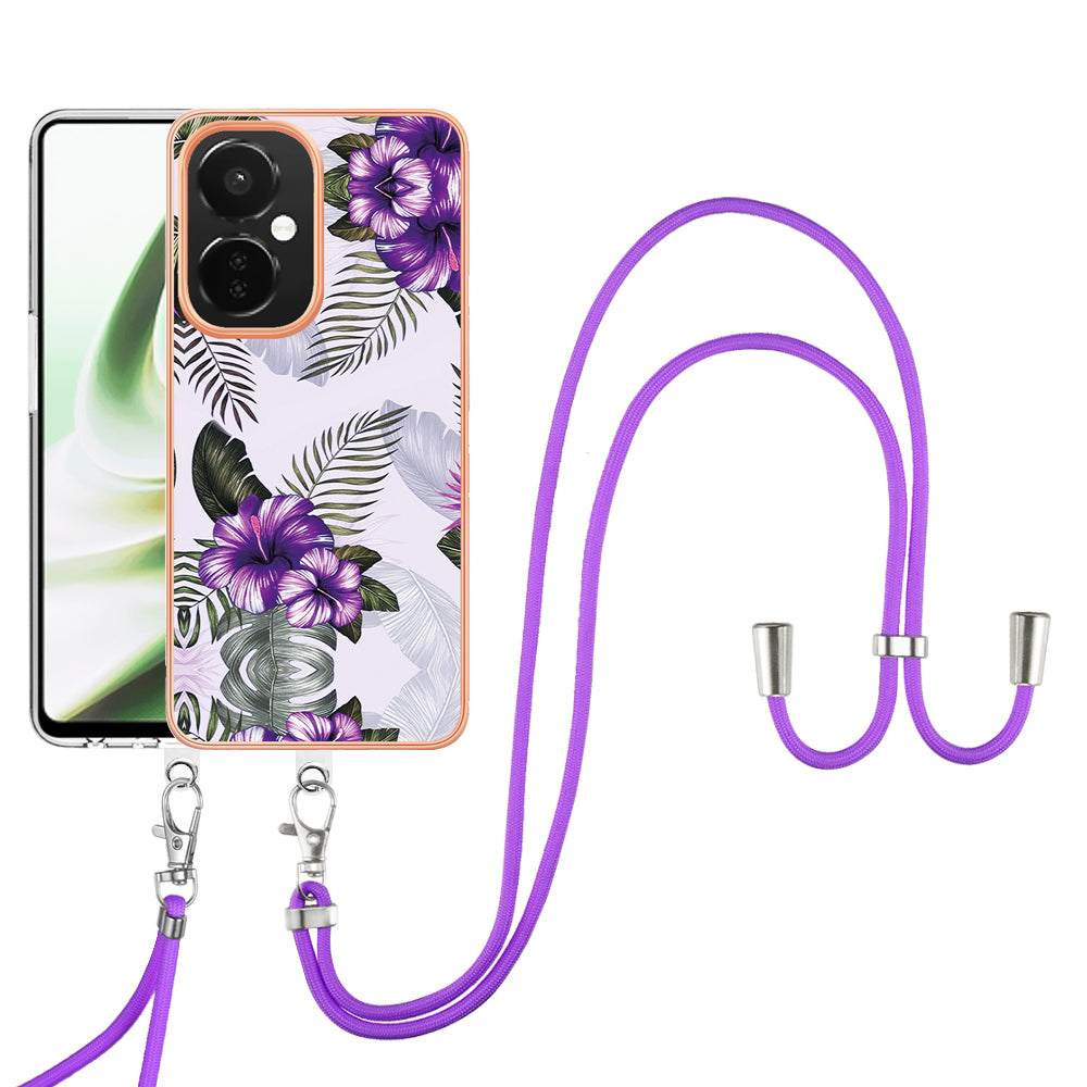 YB IMD Series-4 TPU Phone Case for OnePlus Nord CE 3 Lite 5G / Nord N30 5G , IMD Marble Flower Pattern Electroplated Cover with Lanyard - Purple Flowers