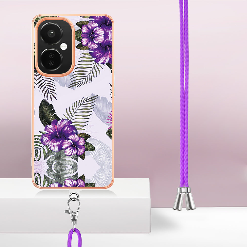 YB IMD Series-4 TPU Phone Case for OnePlus Nord CE 3 Lite 5G / Nord N30 5G , IMD Marble Flower Pattern Electroplated Cover with Lanyard - Purple Flowers