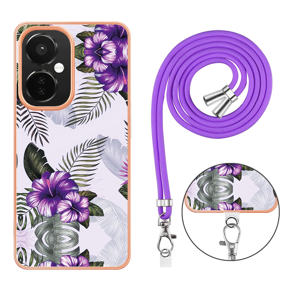 YB IMD Series-4 TPU Phone Case for OnePlus Nord CE 3 Lite 5G / Nord N30 5G , IMD Marble Flower Pattern Electroplated Cover with Lanyard - Purple Flowers