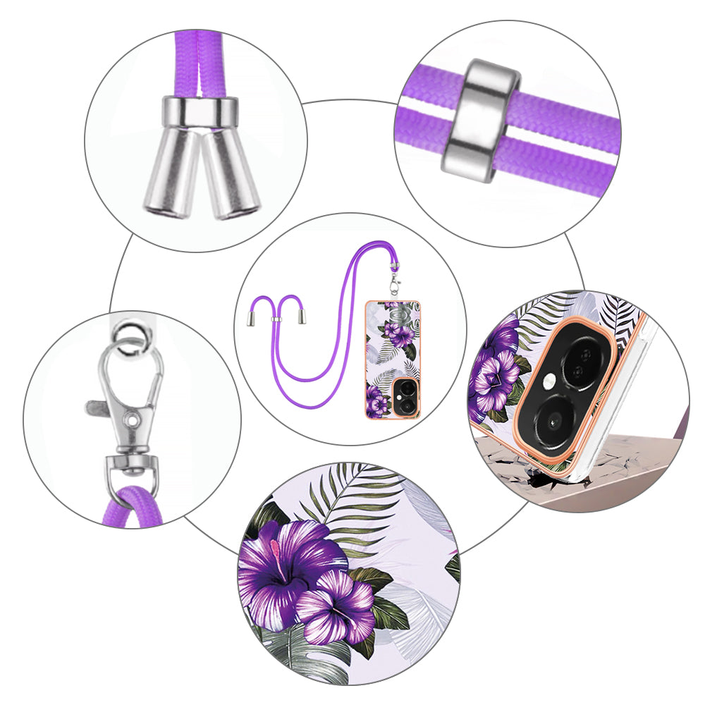 YB IMD Series-4 TPU Phone Case for OnePlus Nord CE 3 Lite 5G / Nord N30 5G , IMD Marble Flower Pattern Electroplated Cover with Lanyard - Purple Flowers