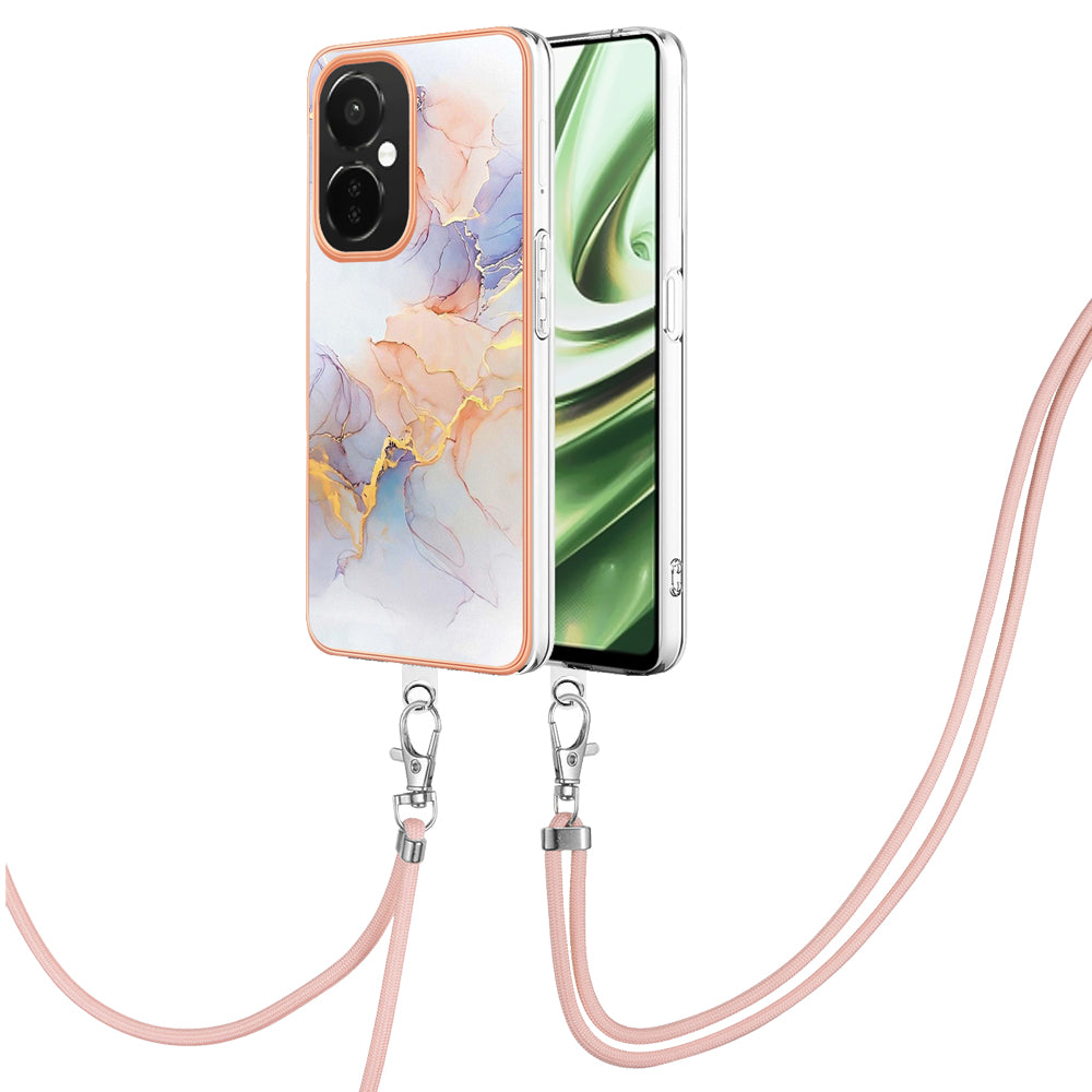 YB IMD Series-4 TPU Phone Case for OnePlus Nord CE 3 Lite 5G / Nord N30 5G , IMD Marble Flower Pattern Electroplated Cover with Lanyard - Milky Way Marble White