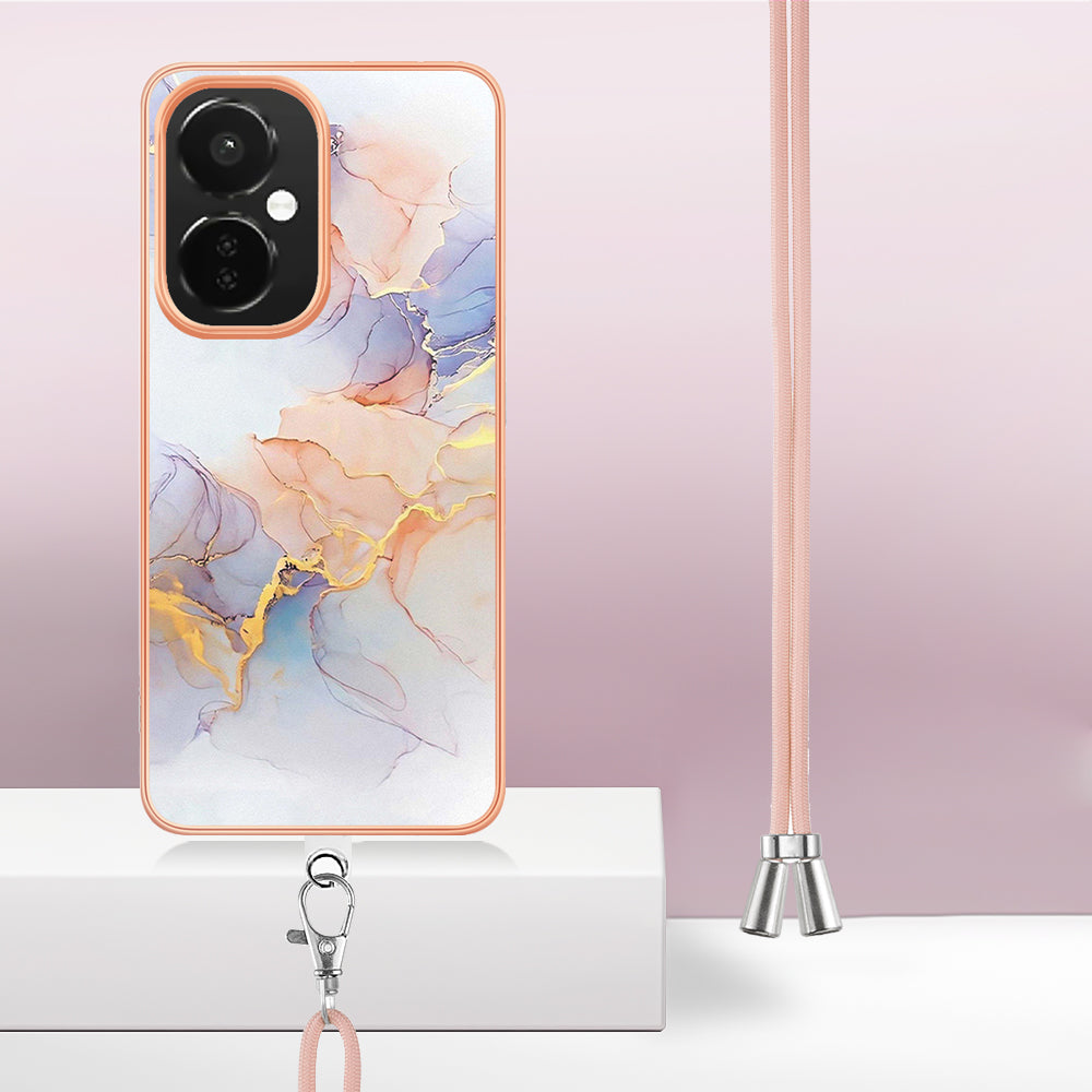 YB IMD Series-4 TPU Phone Case for OnePlus Nord CE 3 Lite 5G / Nord N30 5G , IMD Marble Flower Pattern Electroplated Cover with Lanyard - Milky Way Marble White