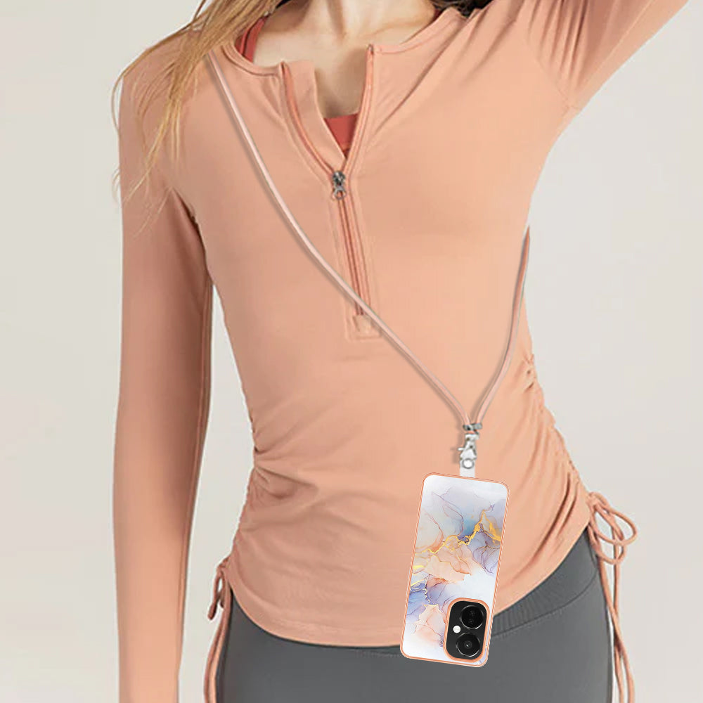 YB IMD Series-4 TPU Phone Case for OnePlus Nord CE 3 Lite 5G / Nord N30 5G , IMD Marble Flower Pattern Electroplated Cover with Lanyard - Milky Way Marble White