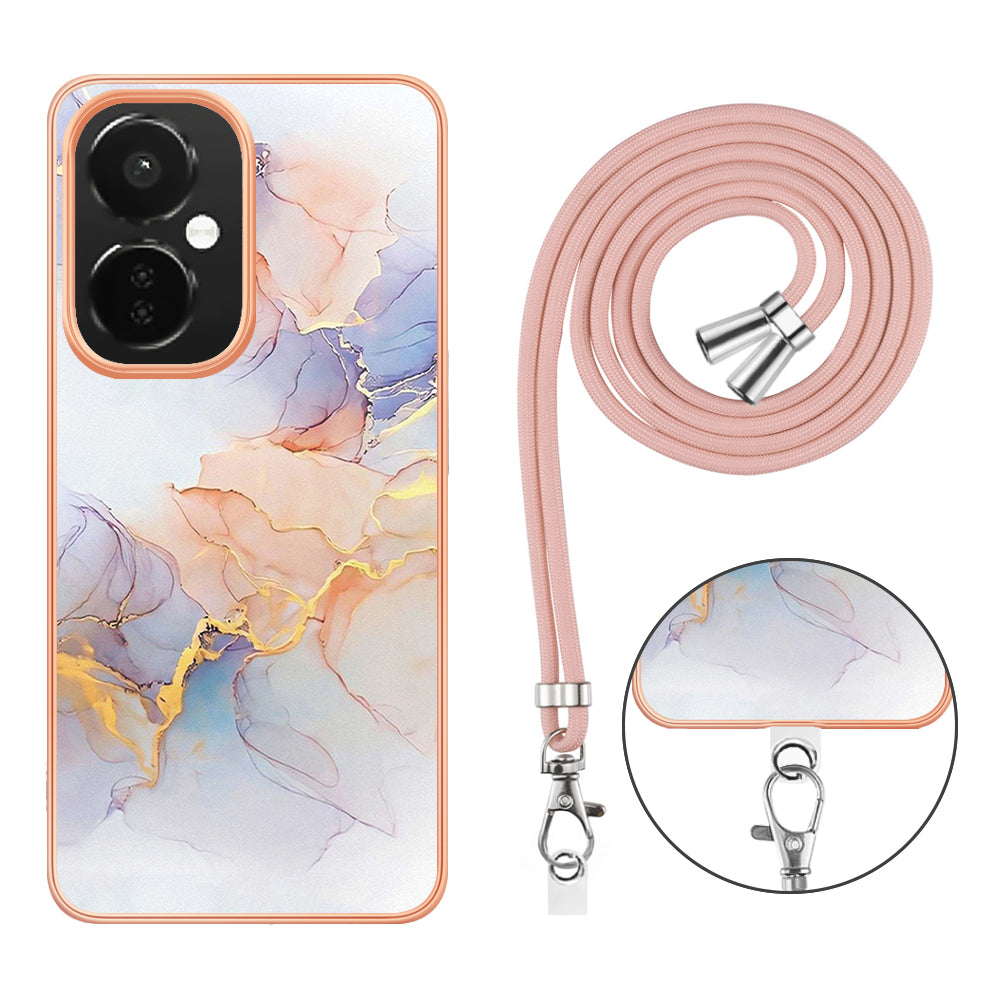 YB IMD Series-4 TPU Phone Case for OnePlus Nord CE 3 Lite 5G / Nord N30 5G , IMD Marble Flower Pattern Electroplated Cover with Lanyard - Milky Way Marble White
