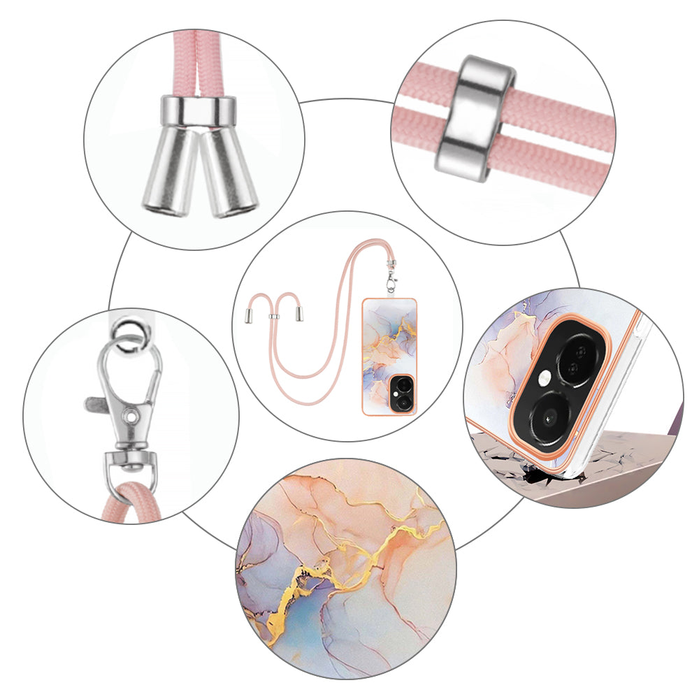 YB IMD Series-4 TPU Phone Case for OnePlus Nord CE 3 Lite 5G / Nord N30 5G , IMD Marble Flower Pattern Electroplated Cover with Lanyard - Milky Way Marble White