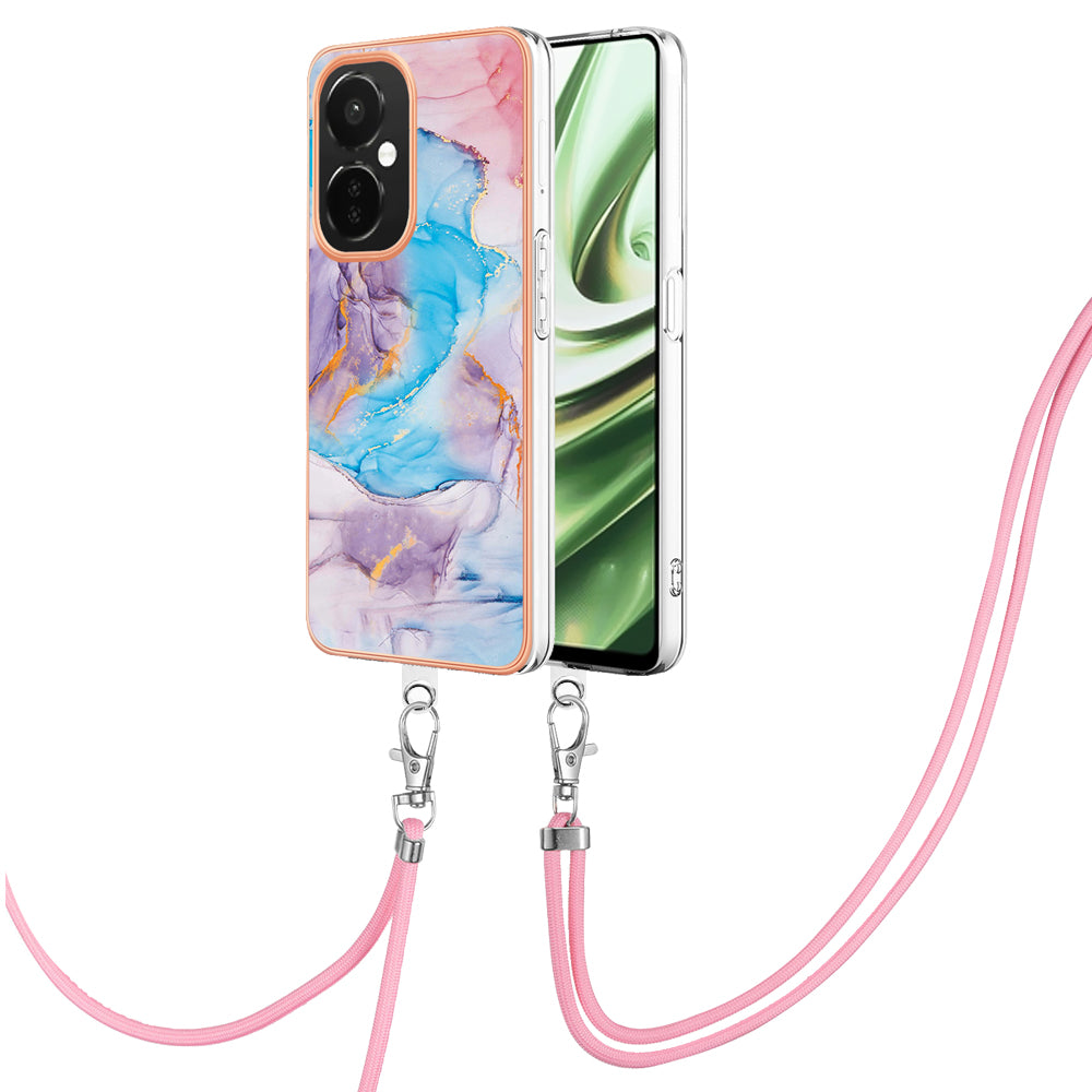 YB IMD Series-4 TPU Phone Case for OnePlus Nord CE 3 Lite 5G / Nord N30 5G , IMD Marble Flower Pattern Electroplated Cover with Lanyard - Milky Way Marble Blue