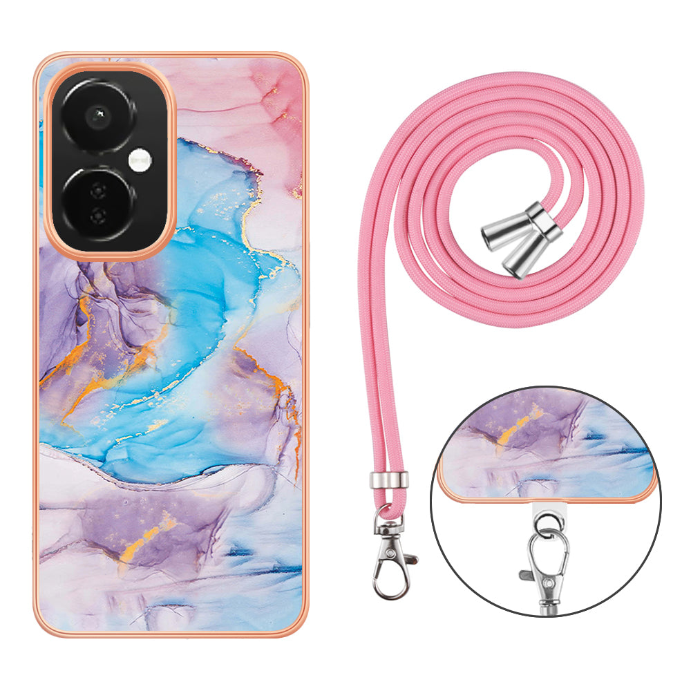 YB IMD Series-4 TPU Phone Case for OnePlus Nord CE 3 Lite 5G / Nord N30 5G , IMD Marble Flower Pattern Electroplated Cover with Lanyard - Milky Way Marble Blue