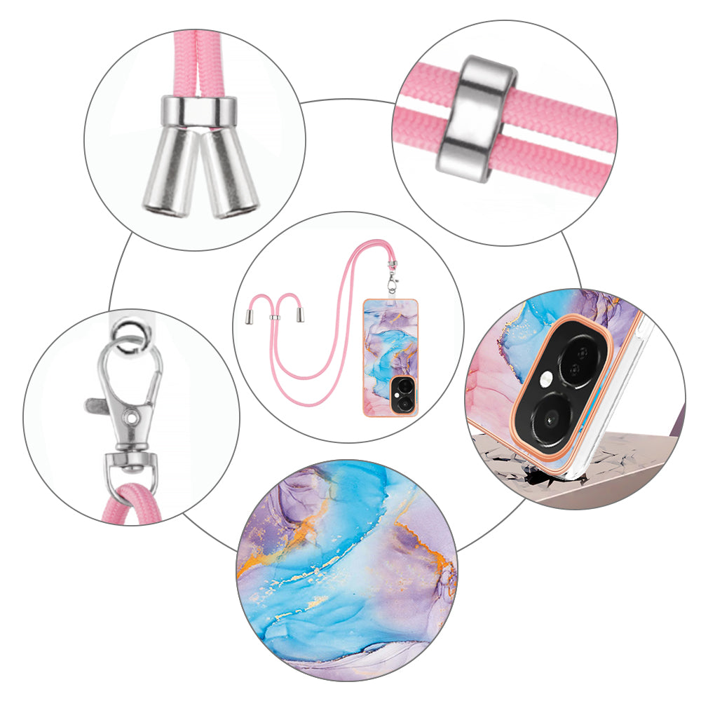 YB IMD Series-4 TPU Phone Case for OnePlus Nord CE 3 Lite 5G / Nord N30 5G , IMD Marble Flower Pattern Electroplated Cover with Lanyard - Milky Way Marble Blue