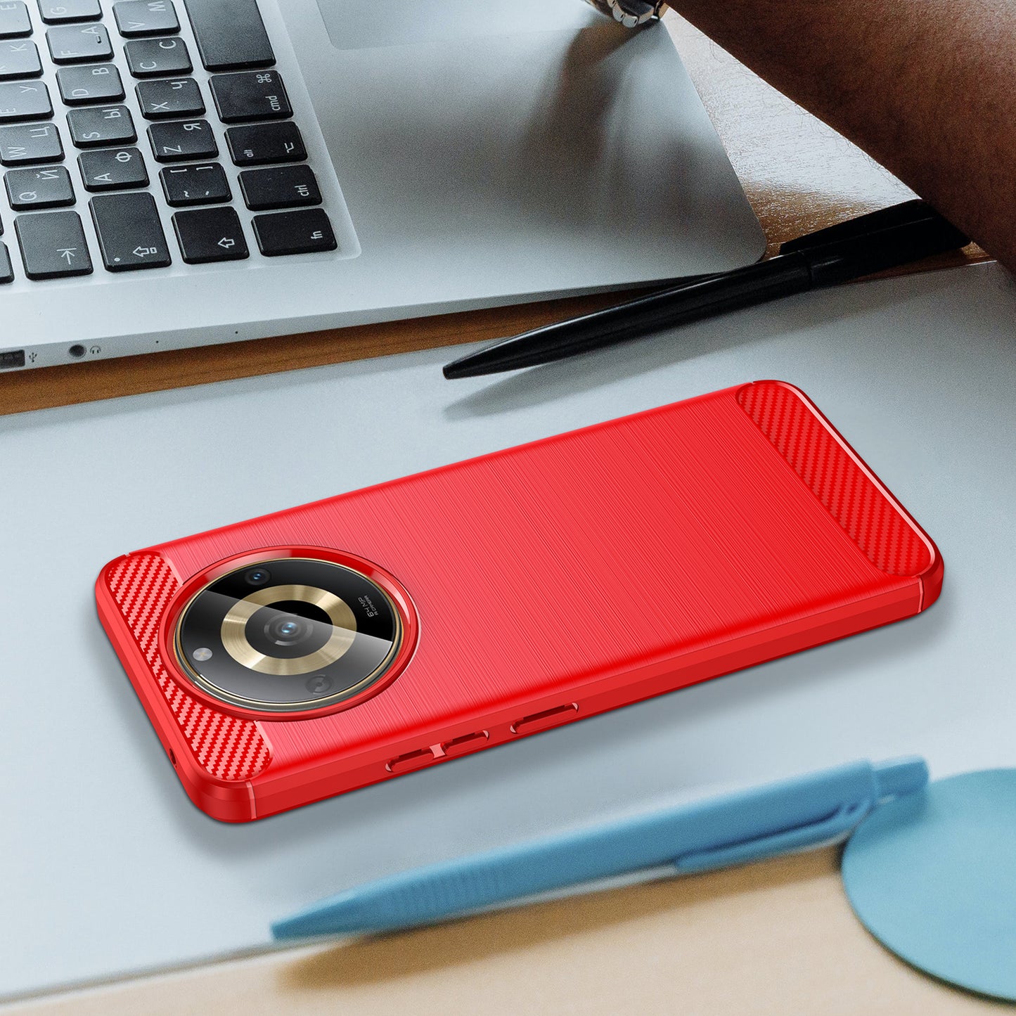 Phone Protector Case for Realme 11 5G , Carbon Fiber Texture Soft TPU Brushed Phone Cover - Red
