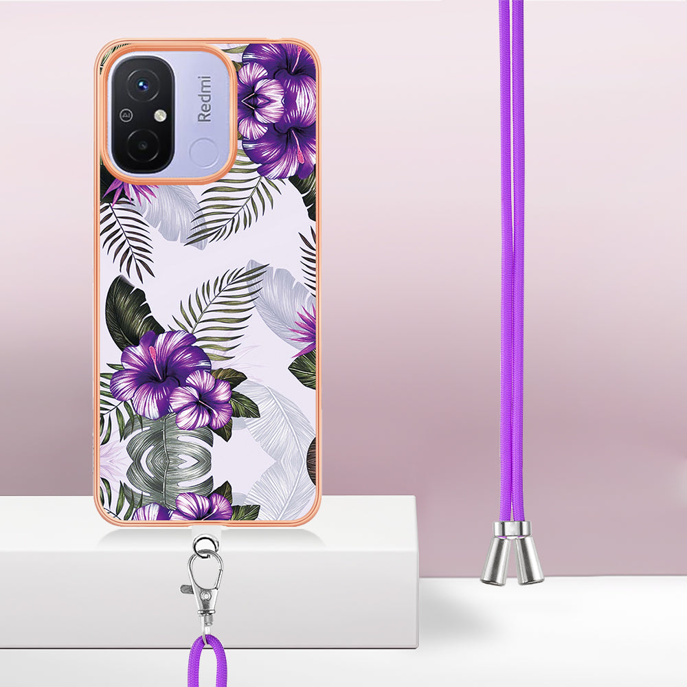 YB IMD Series-4 for Xiaomi Redmi 12C 4G / 11A 4G TPU Cell Phone Case Electroplating Marble Flower Pattern IMD Cover with Lanyard - Purple Flowers