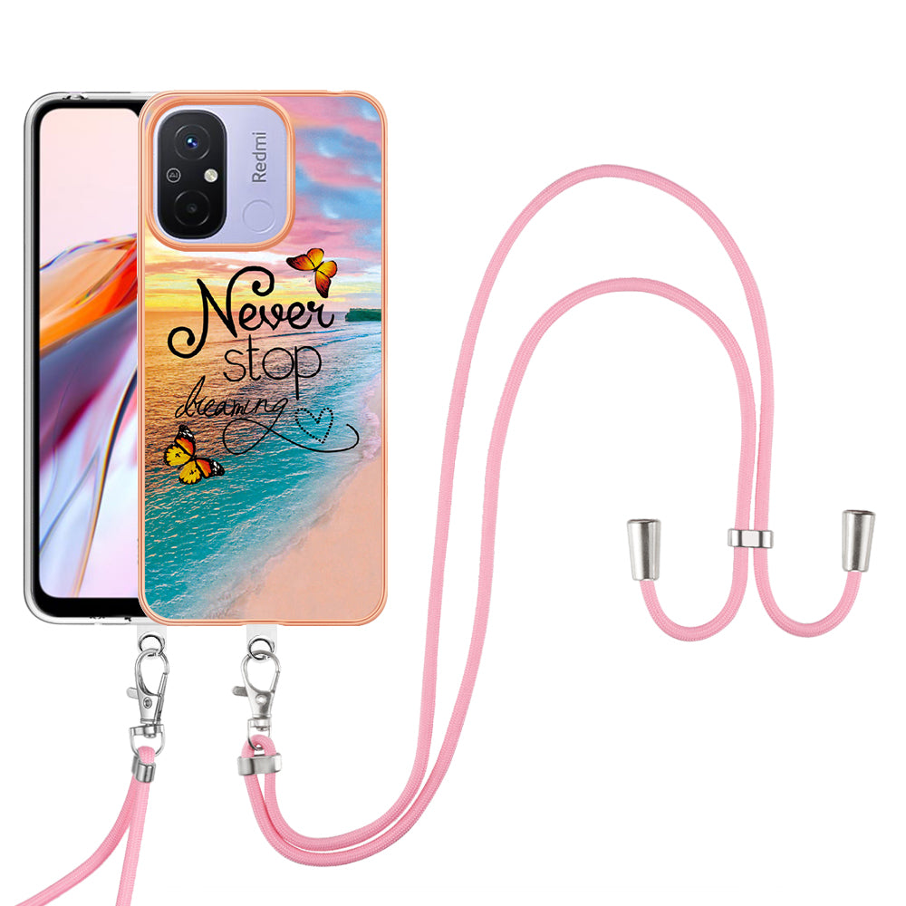 YB IMD Series-4 for Xiaomi Redmi 12C 4G / 11A 4G TPU Cell Phone Case Electroplating Marble Flower Pattern IMD Cover with Lanyard - Never Stop Dreaming