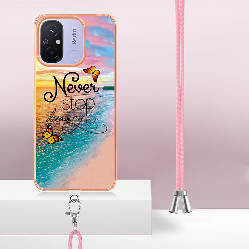 YB IMD Series-4 for Xiaomi Redmi 12C 4G / 11A 4G TPU Cell Phone Case Electroplating Marble Flower Pattern IMD Cover with Lanyard - Never Stop Dreaming